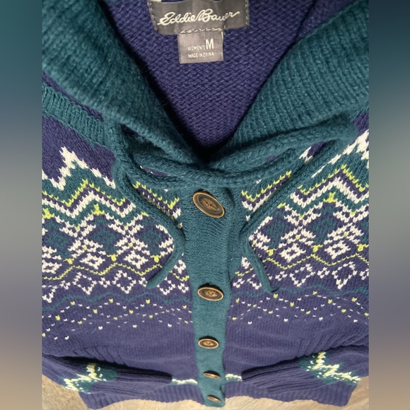 ❄️ Eddie Bauer, Medium, Blue Hooded Knit Button Down Jacket ❄️ - Picture 5 of 6